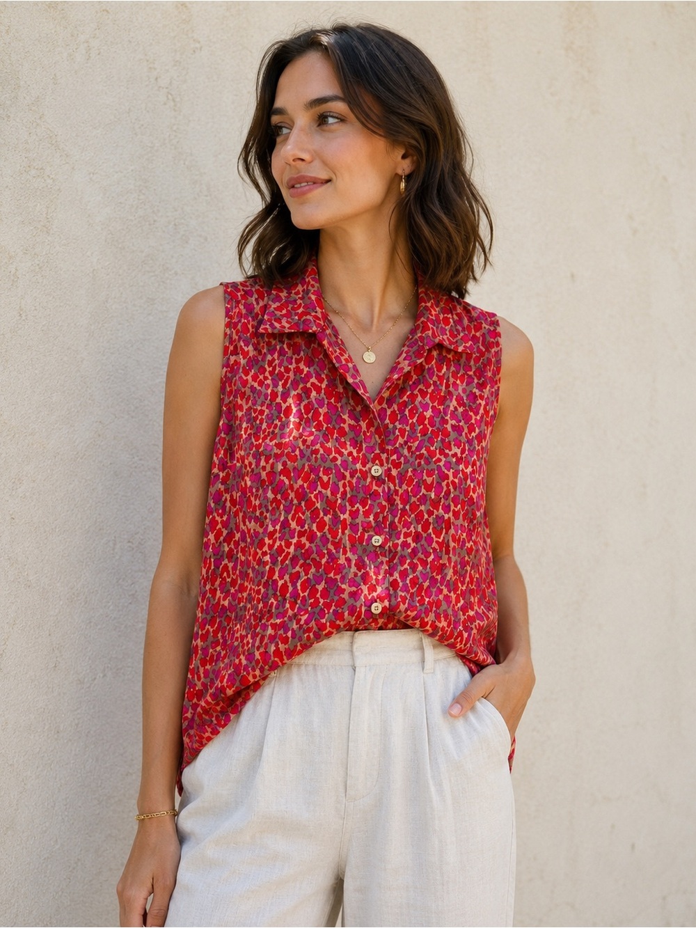 CAbi Sleeveless Animal Print Button Front Blouse Style 3270 XS Pink Red
